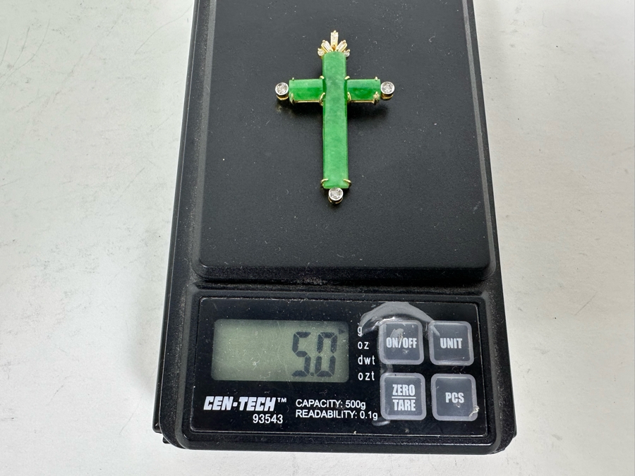 14K Gold With Diamonds Dyed Jade Cross Pendant 5g Estimate $200-$300 [Photo 7]