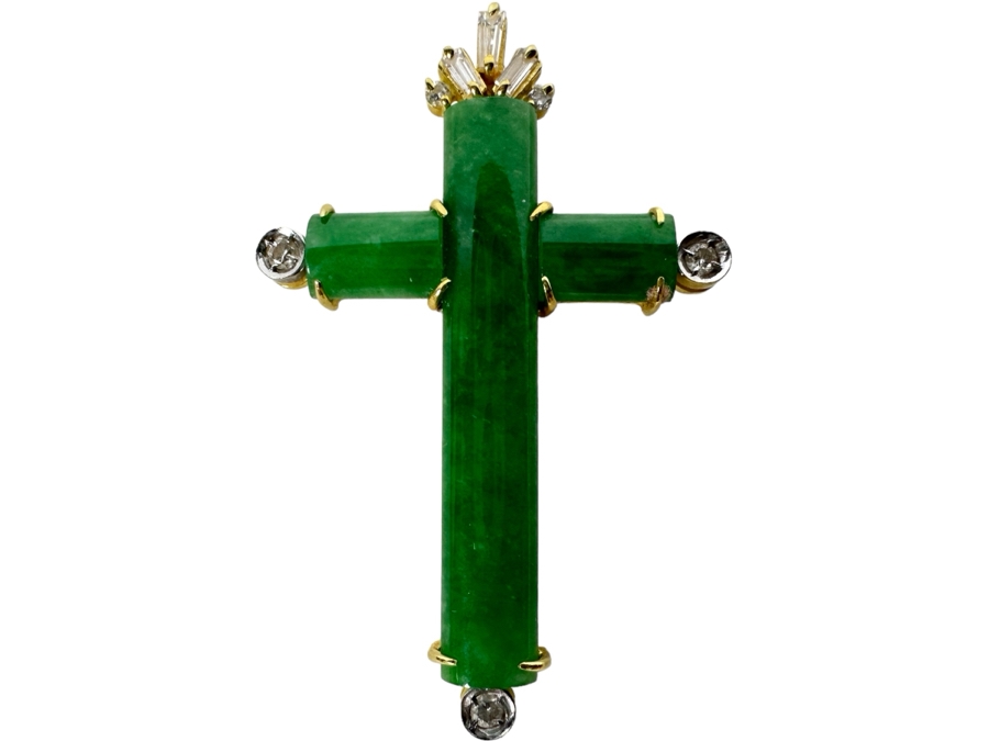 14K Gold With Diamonds Dyed Jade Cross Pendant 5g Estimate $200-$300 [Photo 1]