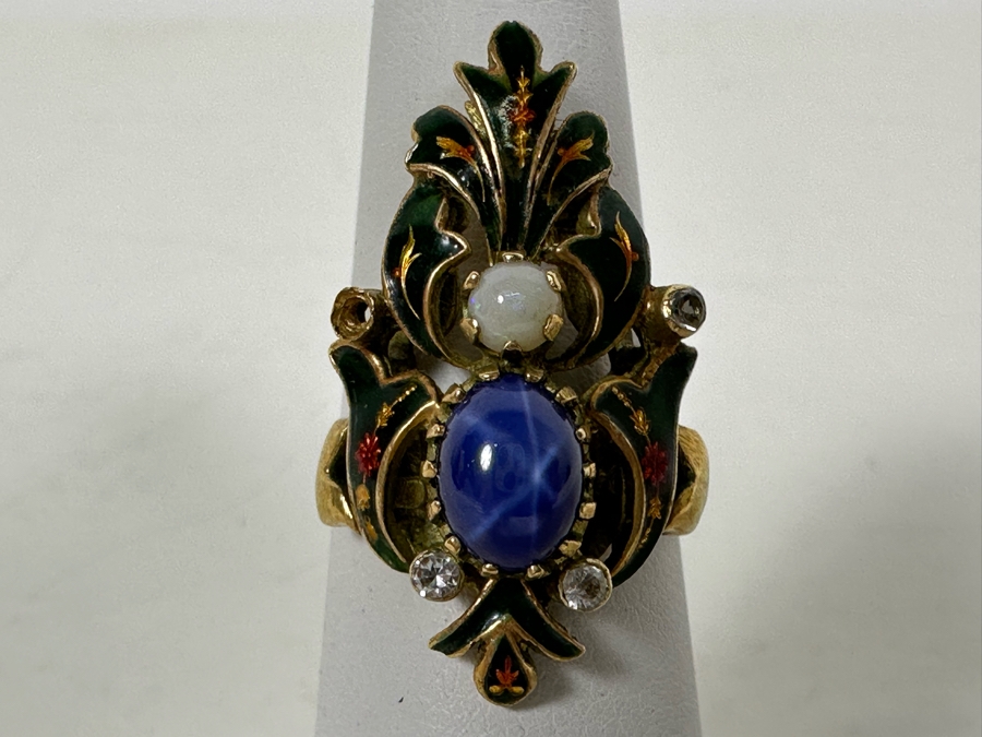 Antique 14K Gold Synthetic Star Sapphire Ring With Natural Opal And Imitation Diamonds (Missing Stone) Size 6.5 6g Estimate $600 [Photo 4]