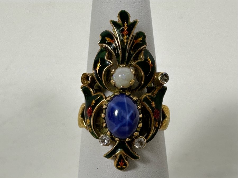 Antique 14K Gold Synthetic Star Sapphire Ring With Natural Opal And Imitation Diamonds (Missing Stone) Size 6.5 6g Estimate $600 [Photo 3]