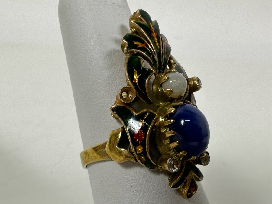 Antique 14K Gold Synthetic Star Sapphire Ring With Natural Opal And Imitation Diamonds (Missing Stone) Size 6.5 6g Estimate $600 [Photo 5]