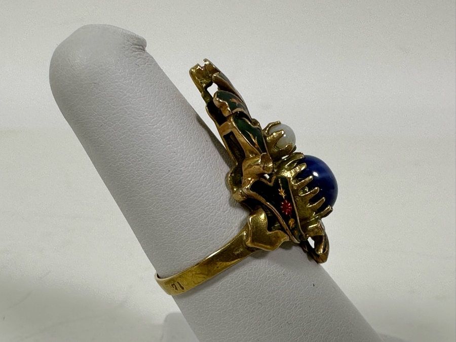 Antique 14K Gold Synthetic Star Sapphire Ring With Natural Opal And Imitation Diamonds (Missing Stone) Size 6.5 6g Estimate $600 [Photo 6]