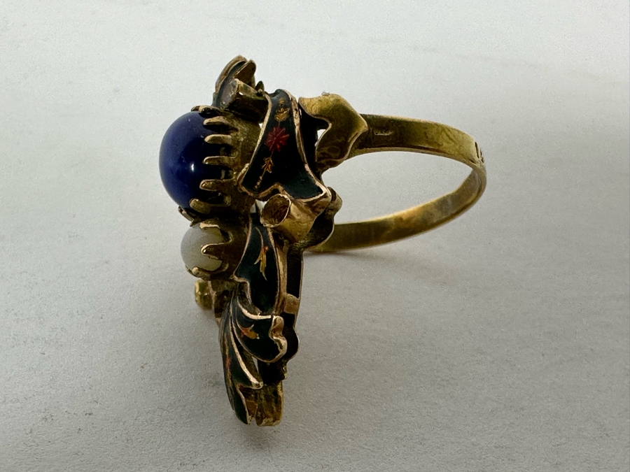 Antique 14K Gold Synthetic Star Sapphire Ring With Natural Opal And Imitation Diamonds (Missing Stone) Size 6.5 6g Estimate $600 [Photo 9]