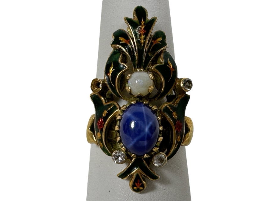 Antique 14K Gold Synthetic Star Sapphire Ring With Natural Opal And Imitation Diamonds (Missing Stone) Size 6.5 6g Estimate $600 [Photo 2]