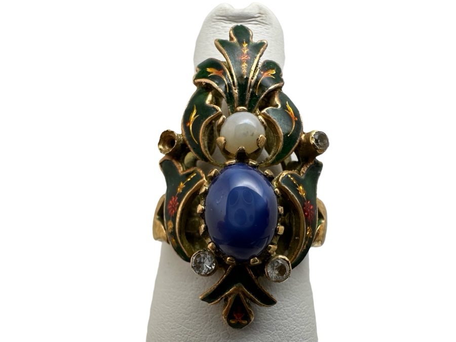 Antique 14K Gold Synthetic Star Sapphire Ring With Natural Opal And Imitation Diamonds (Missing Stone) Size 6.5 6g Estimate $600 [Photo 1]