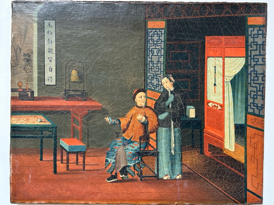 Antique Chinese Qing Dynasty Chinese Export Paintings Of Interiors Oil Painted On Canvas 25.5 X 20.5 Doheny Estate [Photo 21]