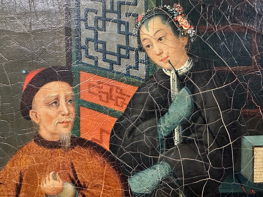 Antique Chinese Qing Dynasty Chinese Export Paintings Of Interiors Oil Painted On Canvas 25.5 X 20.5 Doheny Estate [Photo 8]