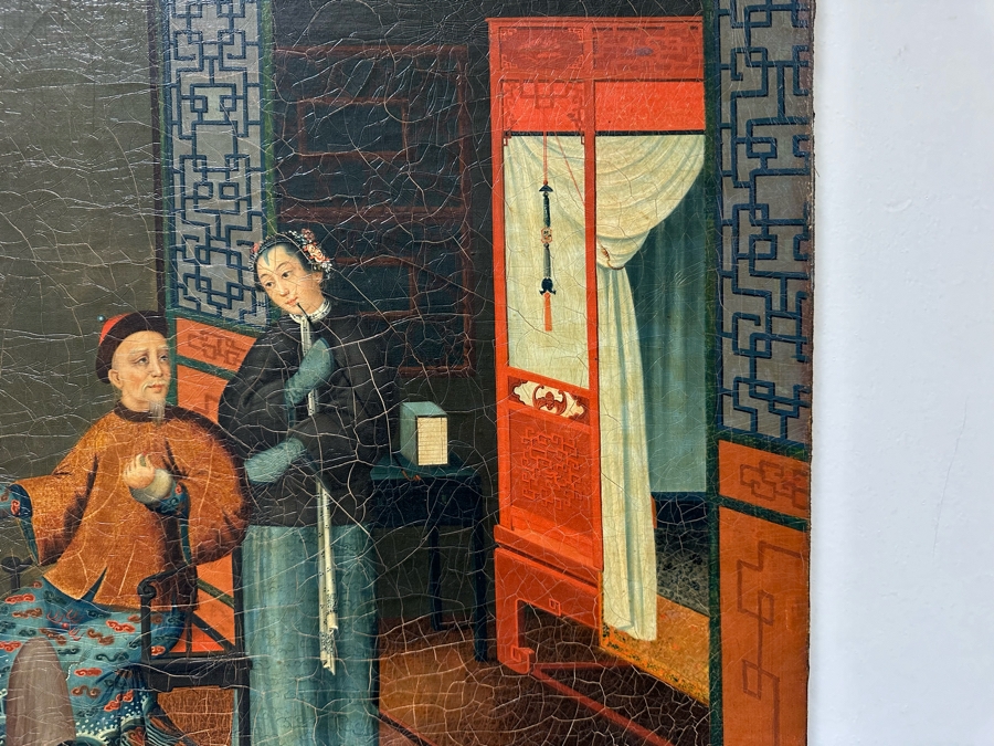 Antique Chinese Qing Dynasty Chinese Export Paintings Of Interiors Oil Painted On Canvas 25.5 X 20.5 Doheny Estate [Photo 11]