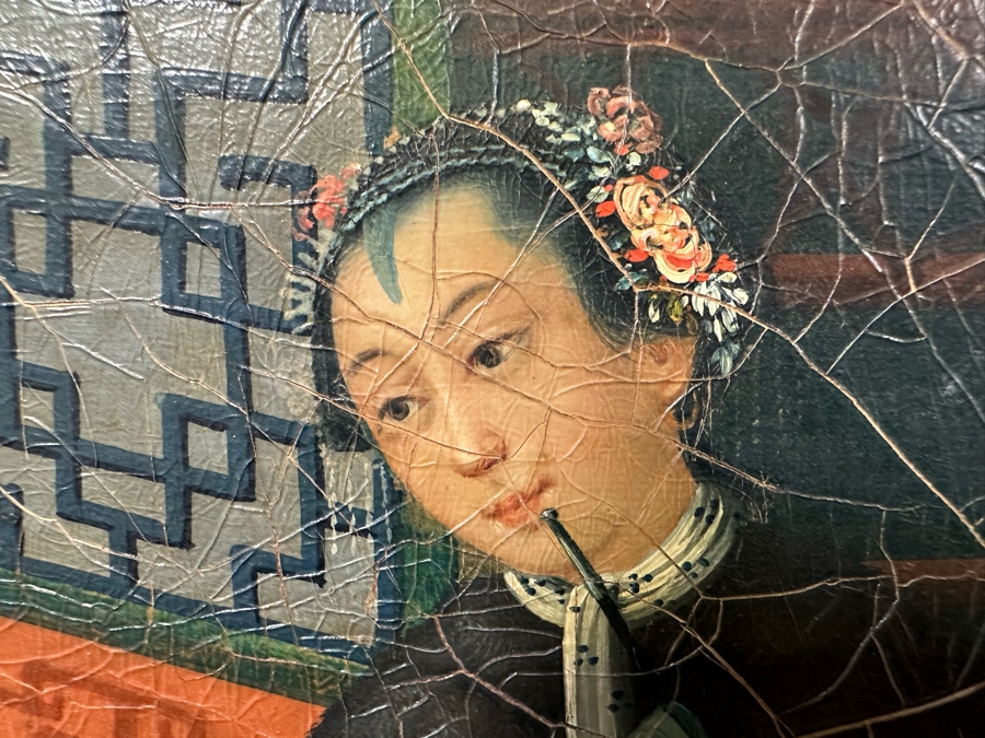 Antique Chinese Qing Dynasty Chinese Export Paintings Of Interiors Oil Painted On Canvas 25.5 X 20.5 Doheny Estate [Photo 9]