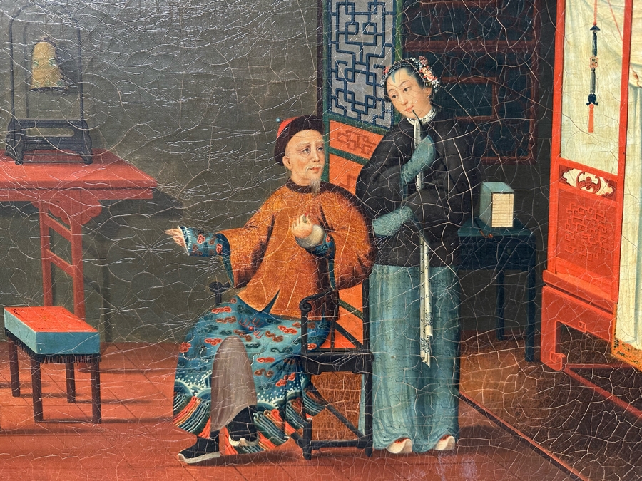 Antique Chinese Qing Dynasty Chinese Export Paintings Of Interiors Oil Painted On Canvas 25.5 X 20.5 Doheny Estate [Photo 5]