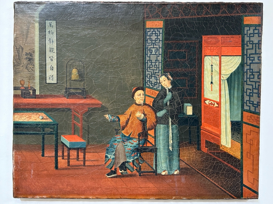 Antique Chinese Qing Dynasty Chinese Export Paintings Of Interiors Oil Painted On Canvas 25.5 X 20.5 Doheny Estate [Photo 22]