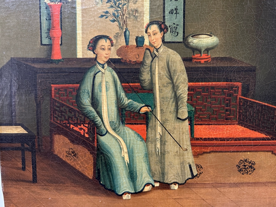 Antique Chinese Qing Dynasty Chinese Export Paintings Of Interiors Oil Painted On Canvas 25.5 X 20.5 Doheny Estate [Photo 6]