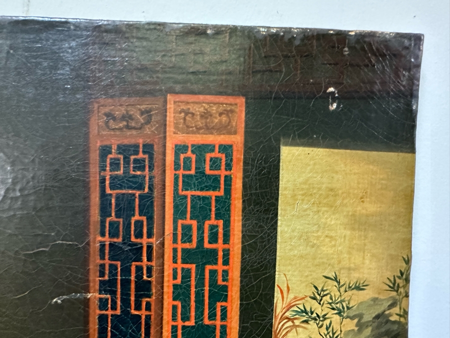 Antique Chinese Qing Dynasty Chinese Export Paintings Of Interiors Oil Painted On Canvas 25.5 X 20.5 Doheny Estate [Photo 21]
