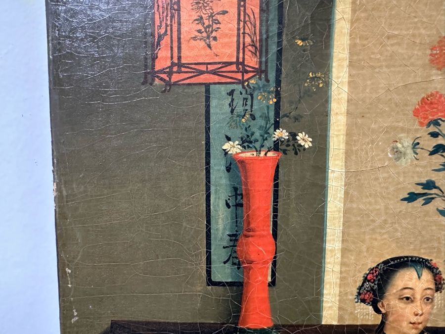 Antique Chinese Qing Dynasty Chinese Export Paintings Of Interiors Oil Painted On Canvas 25.5 X 20.5 Doheny Estate [Photo 22]