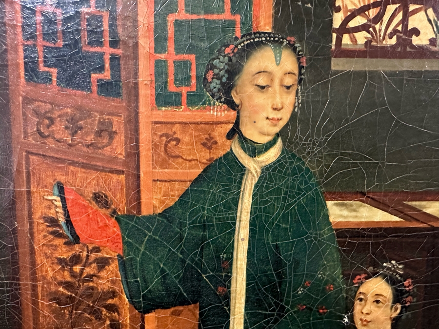 Antique Chinese Qing Dynasty Chinese Export Paintings Of Interiors Oil Painted On Canvas 25.5 X 20.5 Doheny Estate [Photo 16]