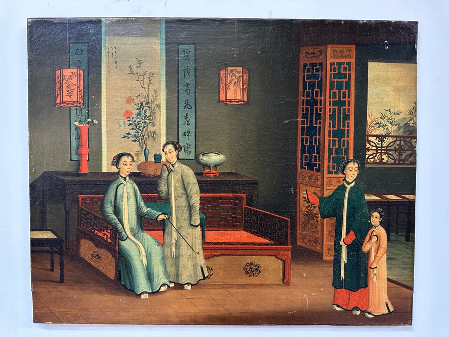 Antique Chinese Qing Dynasty Chinese Export Paintings Of Interiors Oil Painted On Canvas 25.5 X 20.5 Doheny Estate [Photo 4]