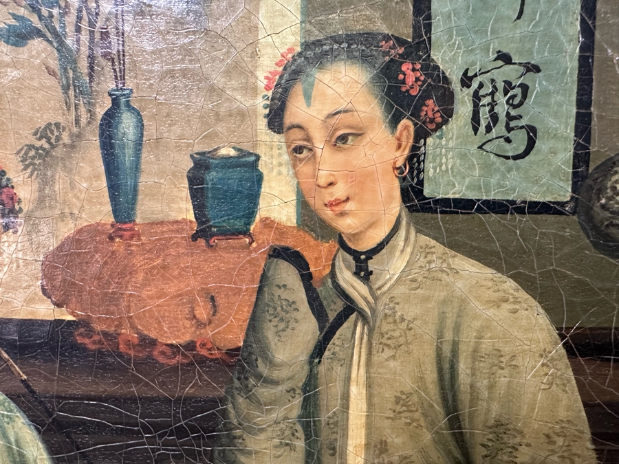 Antique Chinese Qing Dynasty Chinese Export Paintings Of Interiors Oil Painted On Canvas 25.5 X 20.5 Doheny Estate [Photo 9]