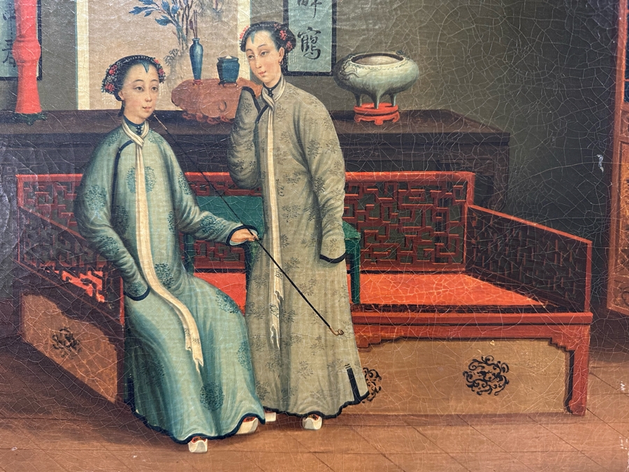 Antique Chinese Qing Dynasty Chinese Export Paintings Of Interiors Oil Painted On Canvas 25.5 X 20.5 Doheny Estate [Photo 7]