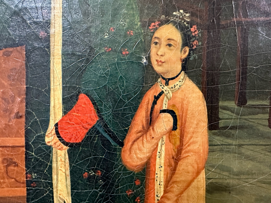 Antique Chinese Qing Dynasty Chinese Export Paintings Of Interiors Oil Painted On Canvas 25.5 X 20.5 Doheny Estate [Photo 17]