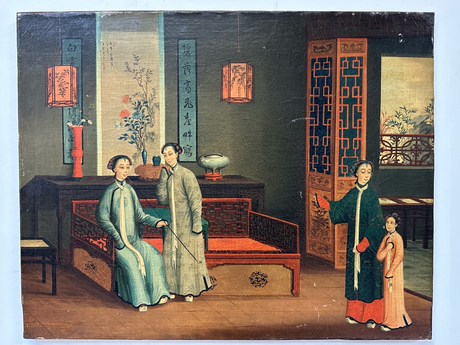 Antique Chinese Qing Dynasty Chinese Export Paintings Of Interiors Oil Painted On Canvas 25.5 X 20.5 Doheny Estate [Photo 5]