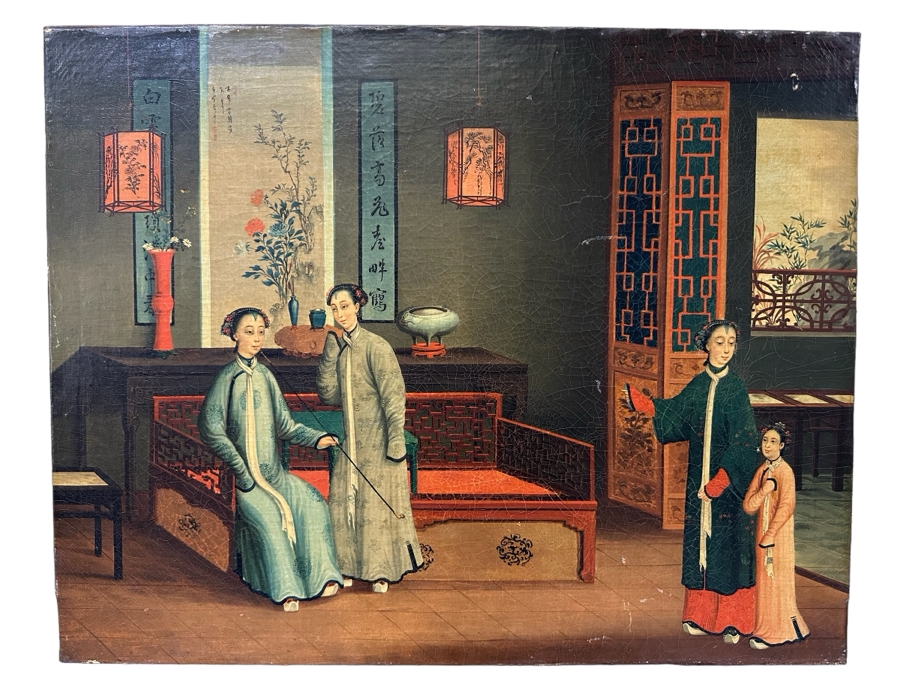 Antique Chinese Qing Dynasty Chinese Export Paintings Of Interiors Oil Painted On Canvas 25.5 X 20.5 Doheny Estate [Photo 1]
