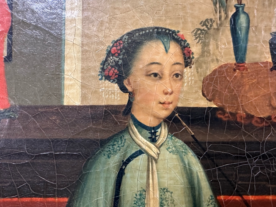 Antique Chinese Qing Dynasty Chinese Export Paintings Of Interiors Oil Painted On Canvas 25.5 X 20.5 Doheny Estate [Photo 8]