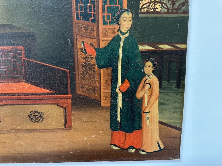 Antique Chinese Qing Dynasty Chinese Export Paintings Of Interiors Oil Painted On Canvas 25.5 X 20.5 Doheny Estate [Photo 15]