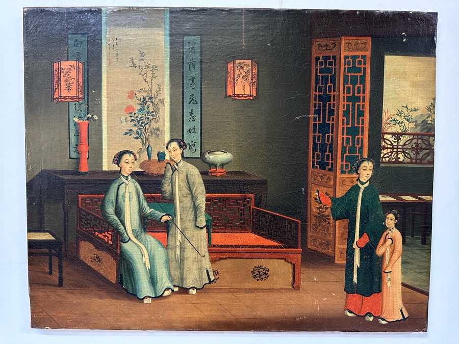 Antique Chinese Qing Dynasty Chinese Export Paintings Of Interiors Oil Painted On Canvas 25.5 X 20.5 Doheny Estate [Photo 3]