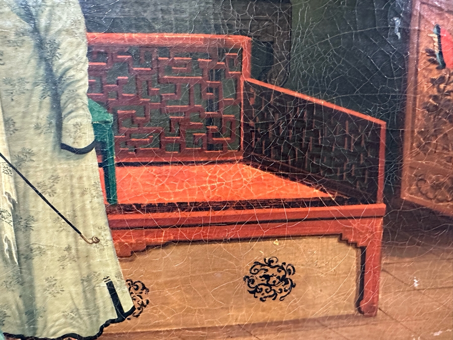 Antique Chinese Qing Dynasty Chinese Export Paintings Of Interiors Oil Painted On Canvas 25.5 X 20.5 Doheny Estate [Photo 25]