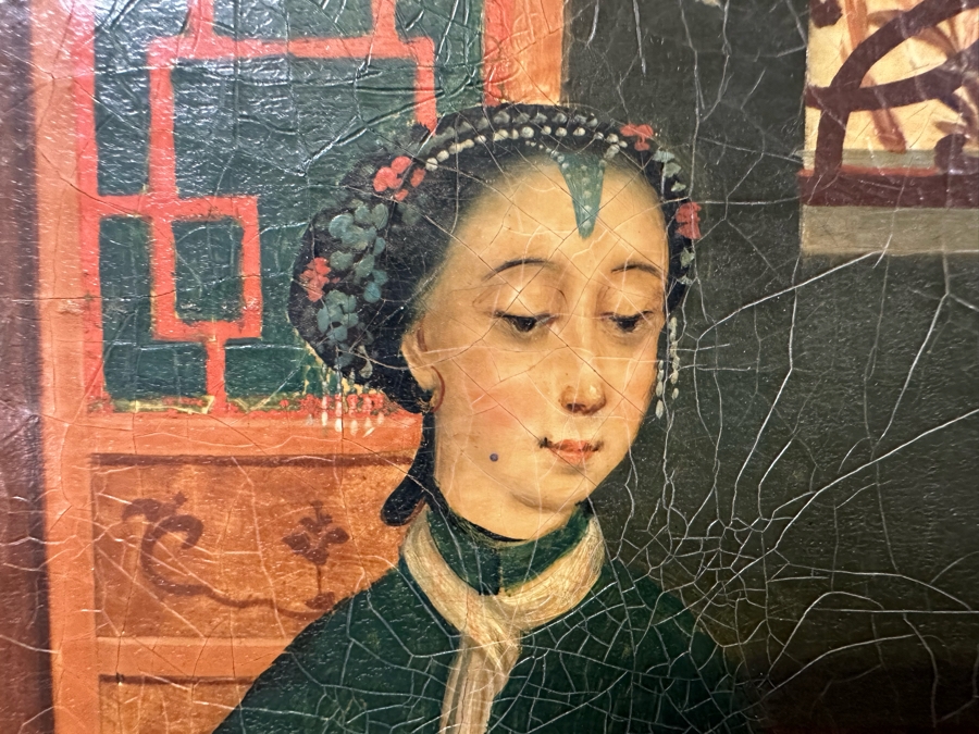 Antique Chinese Qing Dynasty Chinese Export Paintings Of Interiors Oil Painted On Canvas 25.5 X 20.5 Doheny Estate [Photo 19]