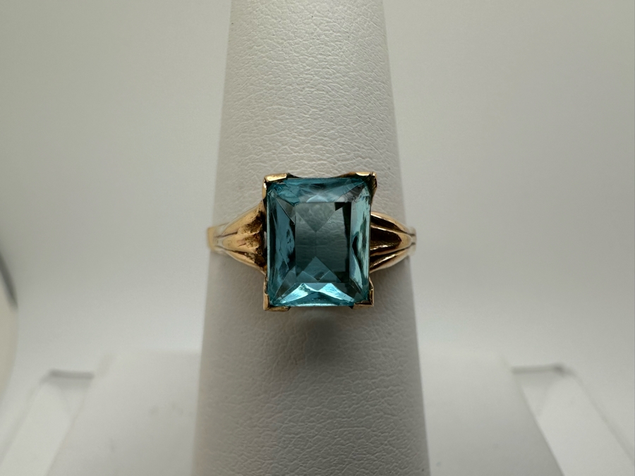 10K Gold Ring (Marked 14K) With Blue Glass Size 7.5 1g [Photo 2]