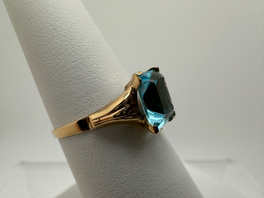 10K Gold Ring (Marked 14K) With Blue Glass Size 7.5 1g [Photo 4]