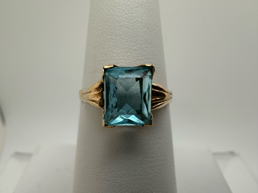 10K Gold Ring (Marked 14K) With Blue Glass Size 7.5 1g [Photo 3]