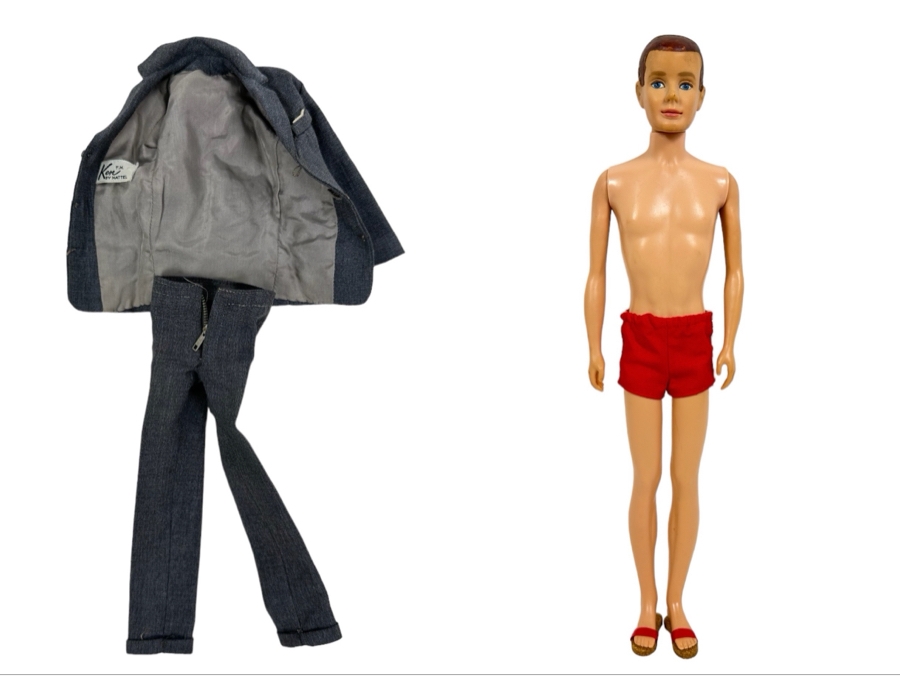Original 1961 Ken Barbie Doll With Flocked Hair (Fuzzy Headed) Wearing Red Trunks With White Stripe And Cork Sandals (Comes With Original Ken Suit)