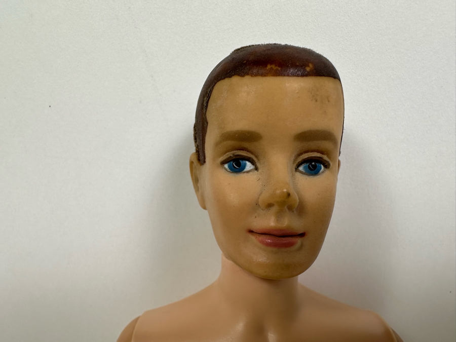 Original 1961 Ken Barbie Doll With Flocked Hair (Fuzzy Headed) Wearing Red Trunks With White Stripe And Cork Sandals (Comes With Original Ken Suit) [Photo 10]