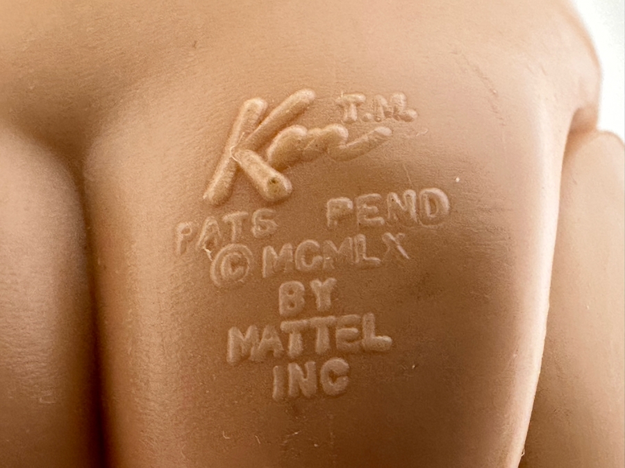 Original 1961 Ken Barbie Doll With Flocked Hair (Fuzzy Headed) Wearing Red Trunks With White Stripe And Cork Sandals (Comes With Original Ken Suit) [Photo 15]