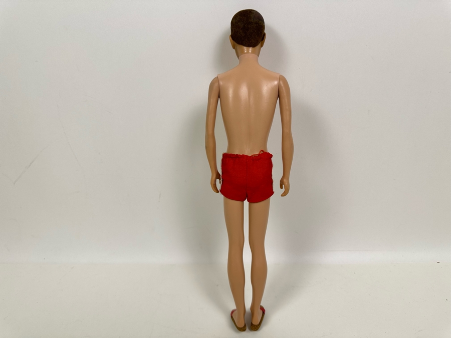 Original 1961 Ken Barbie Doll With Flocked Hair (Fuzzy Headed) Wearing Red Trunks With White Stripe And Cork Sandals (Comes With Original Ken Suit) [Photo 6]