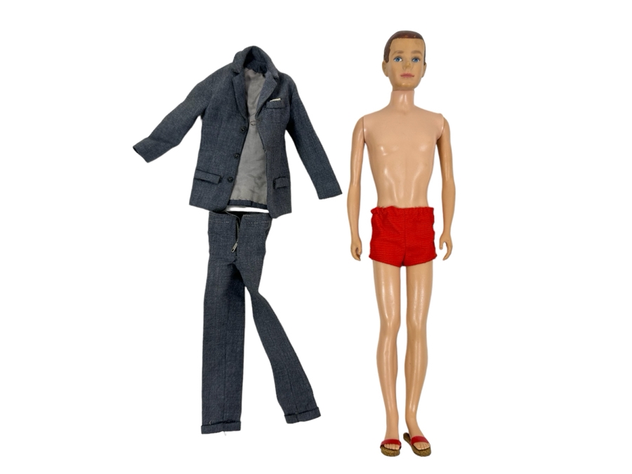 Original 1961 Ken Barbie Doll With Flocked Hair (Fuzzy Headed) Wearing Red Trunks With White Stripe And Cork Sandals (Comes With Original Ken Suit) [Photo 4]