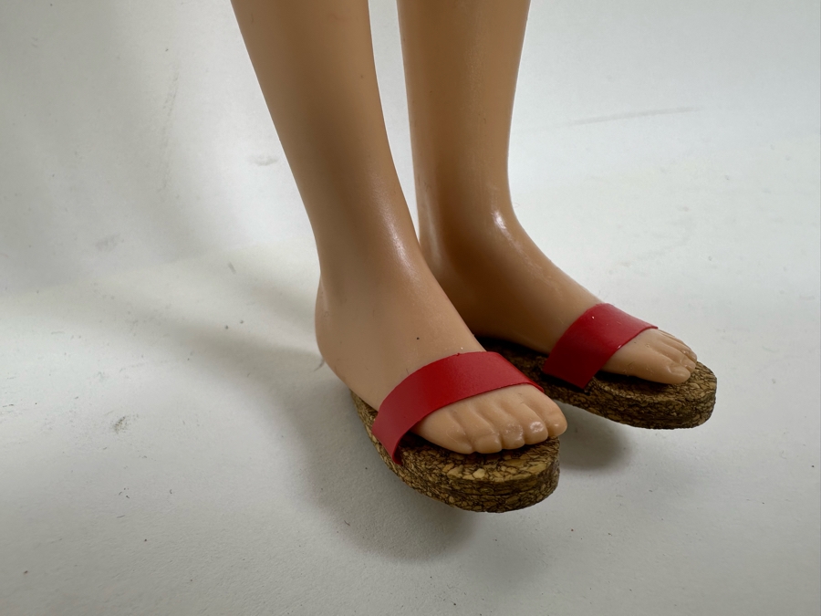 Original 1961 Ken Barbie Doll With Flocked Hair (Fuzzy Headed) Wearing Red Trunks With White Stripe And Cork Sandals (Comes With Original Ken Suit) [Photo 7]