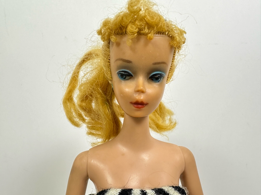Early #4 1960 Ponytail Barbie Blonde With Blue Eyes And Blue Eye Shadow Marked Barbie®​ Pats. Pend. ©MCMLVIII by Mattel, Inc. With Black & White Zebra-Striped Swimsuit [Photo 5]