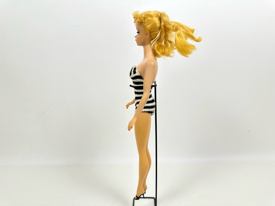 Early #4 1960 Ponytail Barbie Blonde With Blue Eyes And Blue Eye Shadow Marked Barbie®​ Pats. Pend. ©MCMLVIII by Mattel, Inc. With Black & White Zebra-Striped Swimsuit [Photo 4]