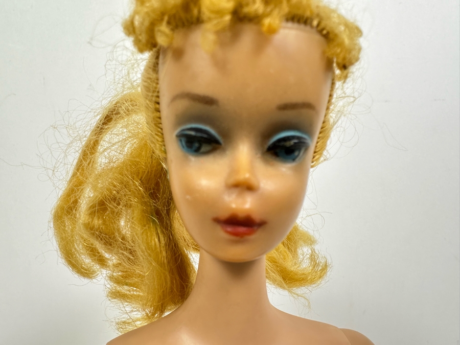 Early #4 1960 Ponytail Barbie Blonde With Blue Eyes And Blue Eye Shadow Marked Barbie®​ Pats. Pend. ©MCMLVIII by Mattel, Inc. With Black & White Zebra-Striped Swimsuit [Photo 6]