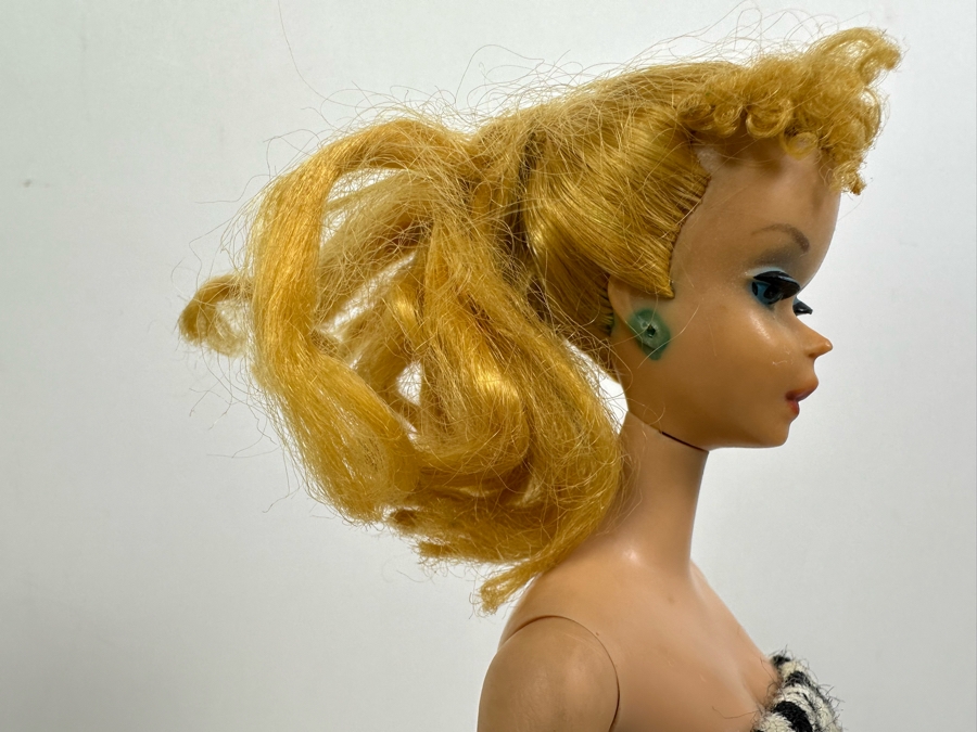 Early #4 1960 Ponytail Barbie Blonde With Blue Eyes And Blue Eye Shadow Marked Barbie®​ Pats. Pend. ©MCMLVIII by Mattel, Inc. With Black & White Zebra-Striped Swimsuit [Photo 9]