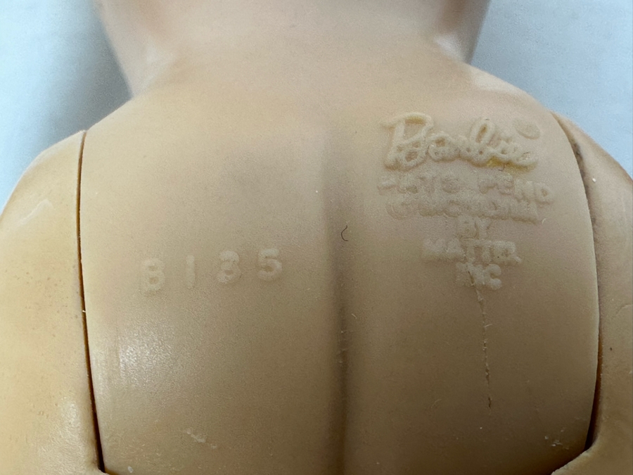 Early #4 1960 Ponytail Barbie Blonde With Blue Eyes And Blue Eye Shadow Marked Barbie®​ Pats. Pend. ©MCMLVIII by Mattel, Inc. With Black & White Zebra-Striped Swimsuit [Photo 13]