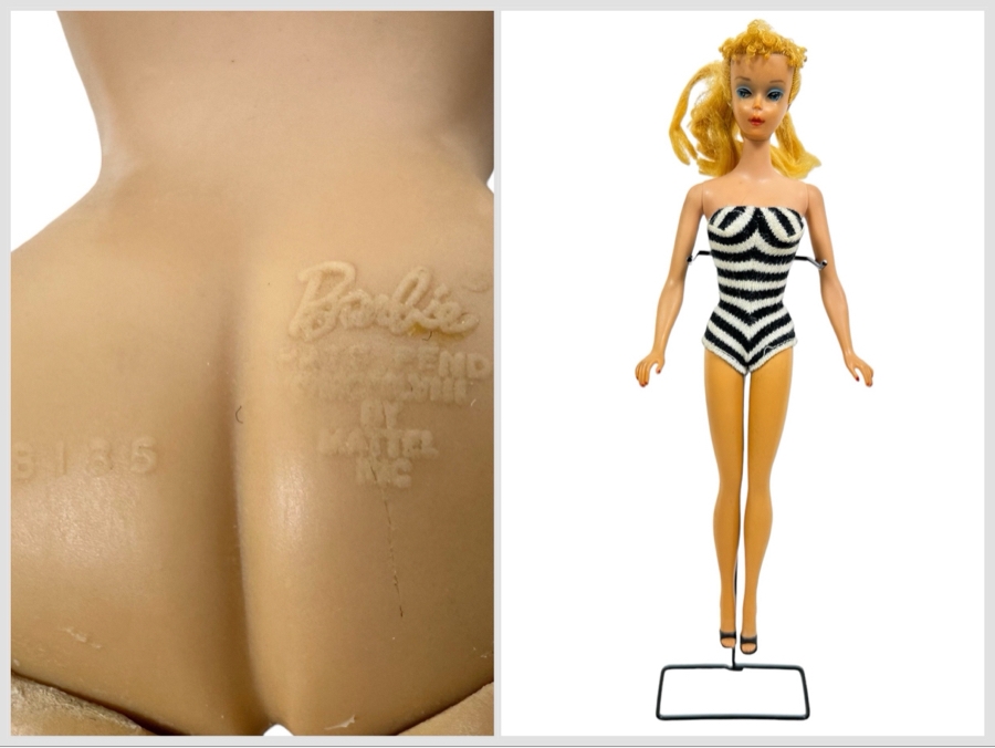 Early #4 1960 Ponytail Barbie Blonde With Blue Eyes And Blue Eye Shadow Marked Barbie®​ Pats. Pend. ©MCMLVIII by Mattel, Inc. With Black & White Zebra-Striped Swimsuit [Photo 1]