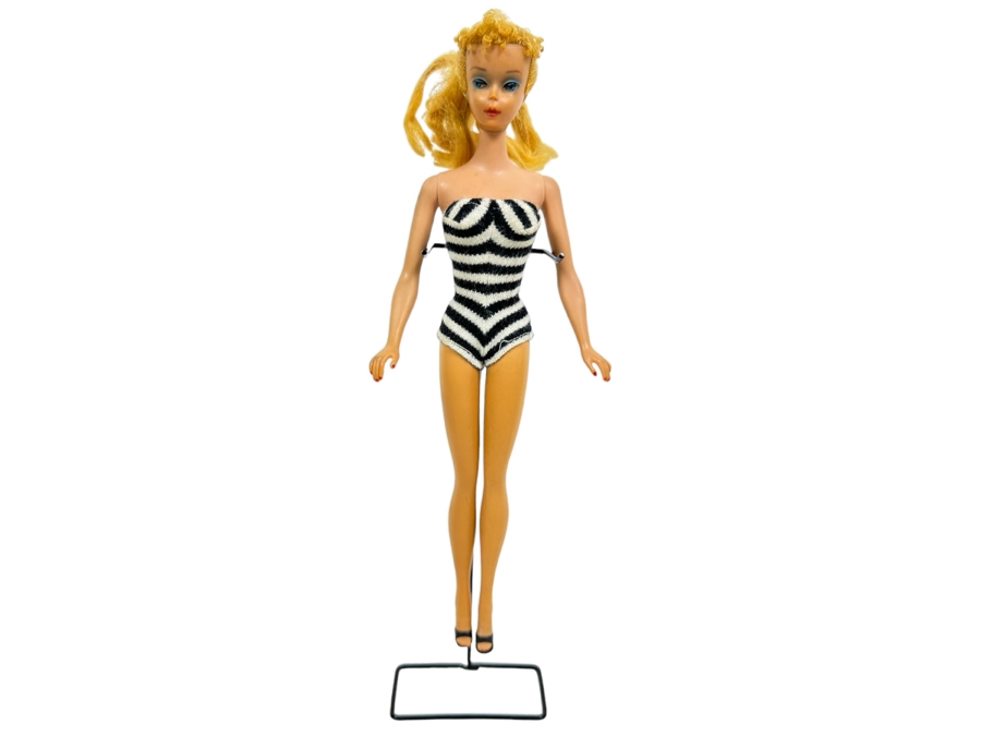 Early #4 1960 Ponytail Barbie Blonde With Blue Eyes And Blue Eye Shadow Marked Barbie®​ Pats. Pend. ©MCMLVIII by Mattel, Inc. With Black & White Zebra-Striped Swimsuit [Photo 2]