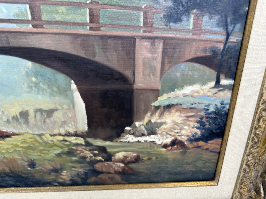 Lugano Candi (B. 1948, Italy/Argentia) Original Impressionist Painting On Canvas Titled 'By The Bridge' Signed Candi 24 X 20 Framed 32.5 X 29 [Photo 5]