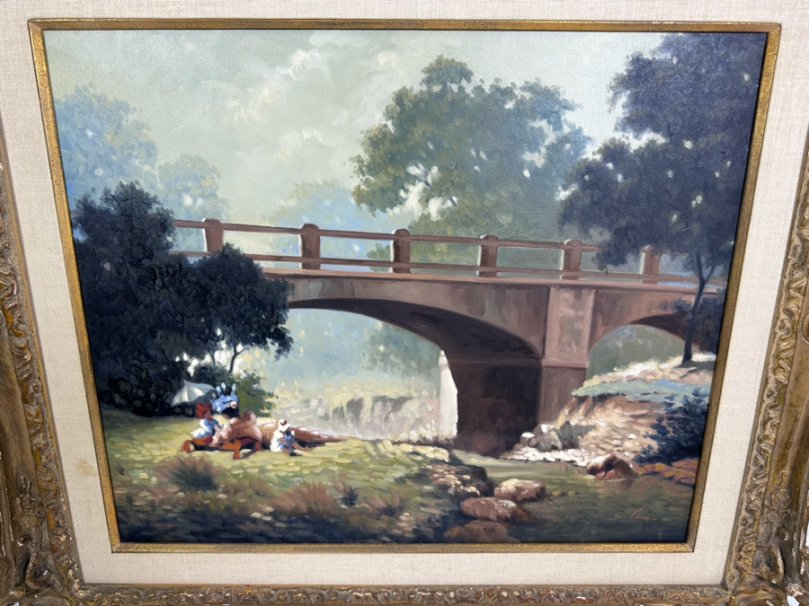 Lugano Candi (B. 1948, Italy/Argentia) Original Impressionist Painting On Canvas Titled 'By The Bridge' Signed Candi 24 X 20 Framed 32.5 X 29 [Photo 2]