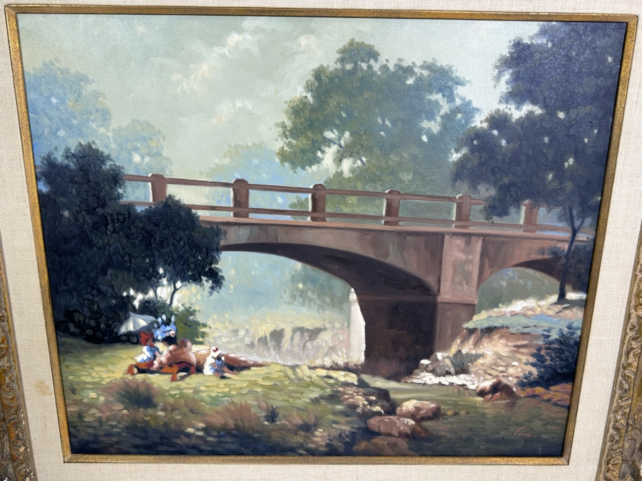 Lugano Candi (B. 1948, Italy/Argentia) Original Impressionist Painting On Canvas Titled 'By The Bridge' Signed Candi 24 X 20 Framed 32.5 X 29 [Photo 3]
