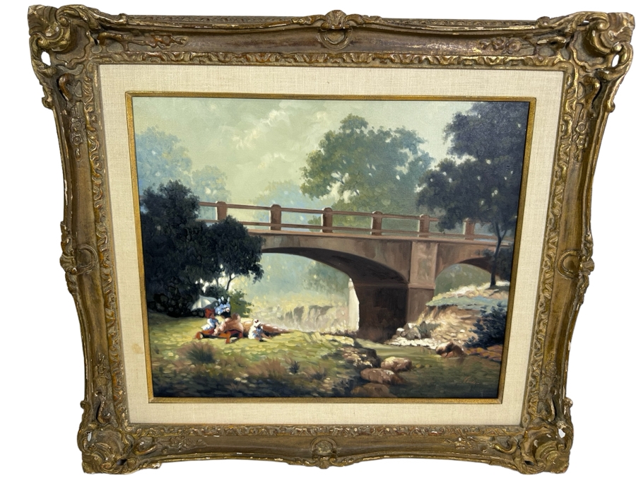Lugano Candi (B. 1948, Italy/Argentia) Original Impressionist Painting On Canvas Titled 'By The Bridge' Signed Candi 24 X 20 Framed 32.5 X 29 [Photo 1]